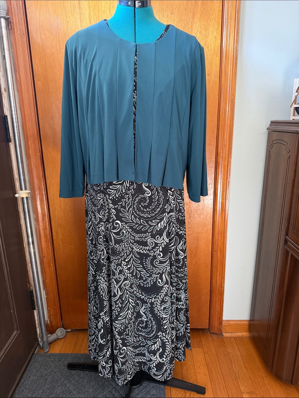 Teal Pleated Jacket with Black, Teal & White Paisley Maxi Dress- Women